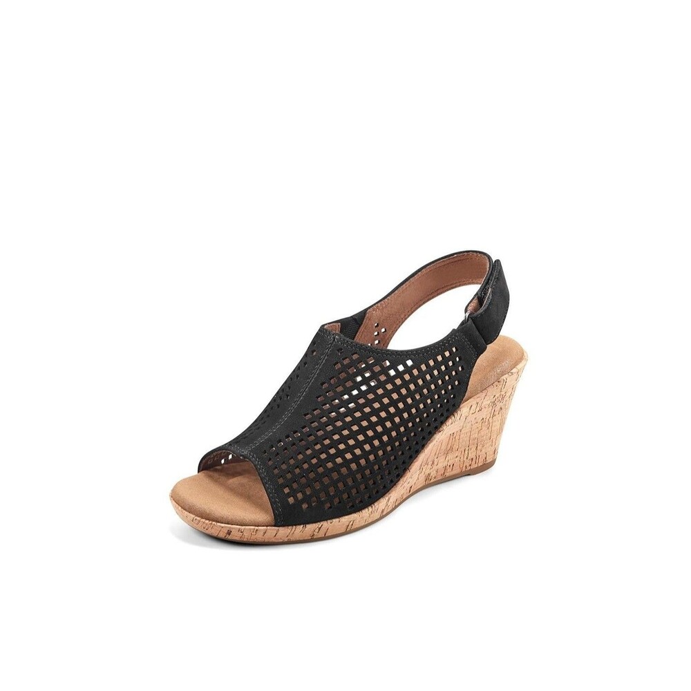 Rockport Womens 8 M Black Suede Briah Perf Slingback Wedge Sandals NIB SZ2